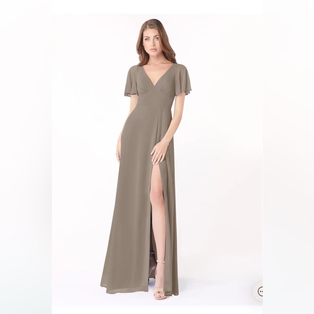 Azazie Kimber taupe bridesmaids dress